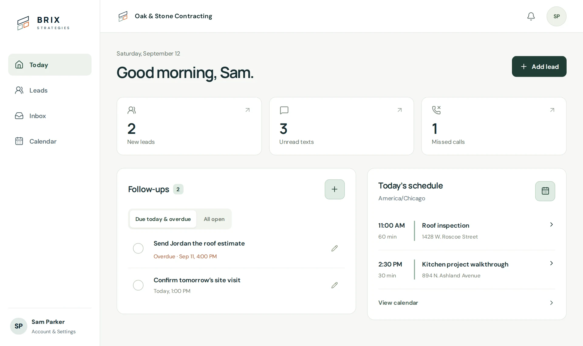 BRIX desktop overview with new leads, unread texts, missed calls, follow-up tasks, and scheduled estimates.